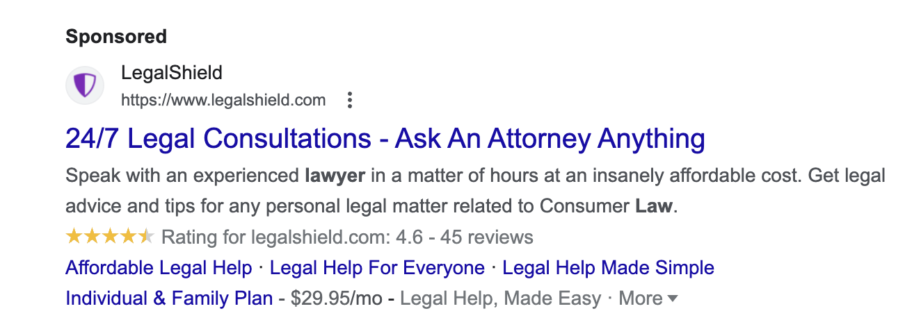 google ads results for lawyer 3