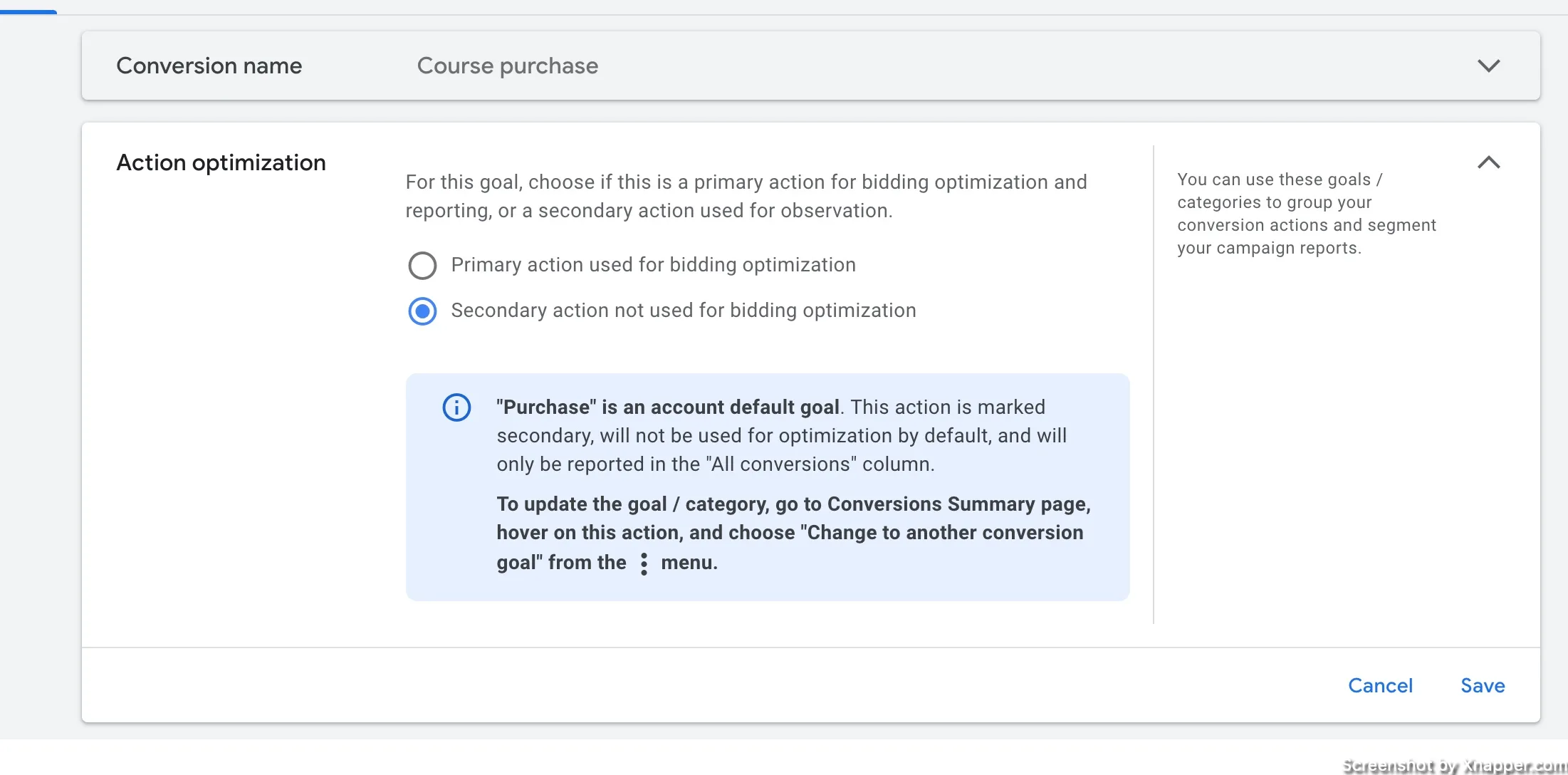 changing conversion action to secondary